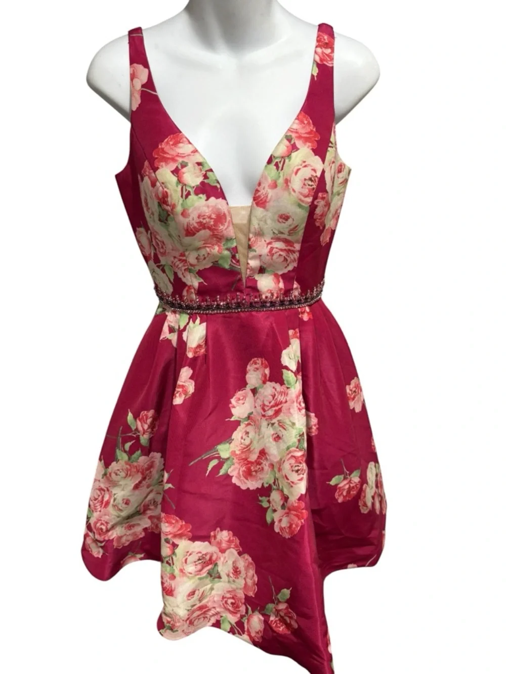 Sherri Hill Magenta Floral Plunge Satin Party Dress - Picture 4 of 12